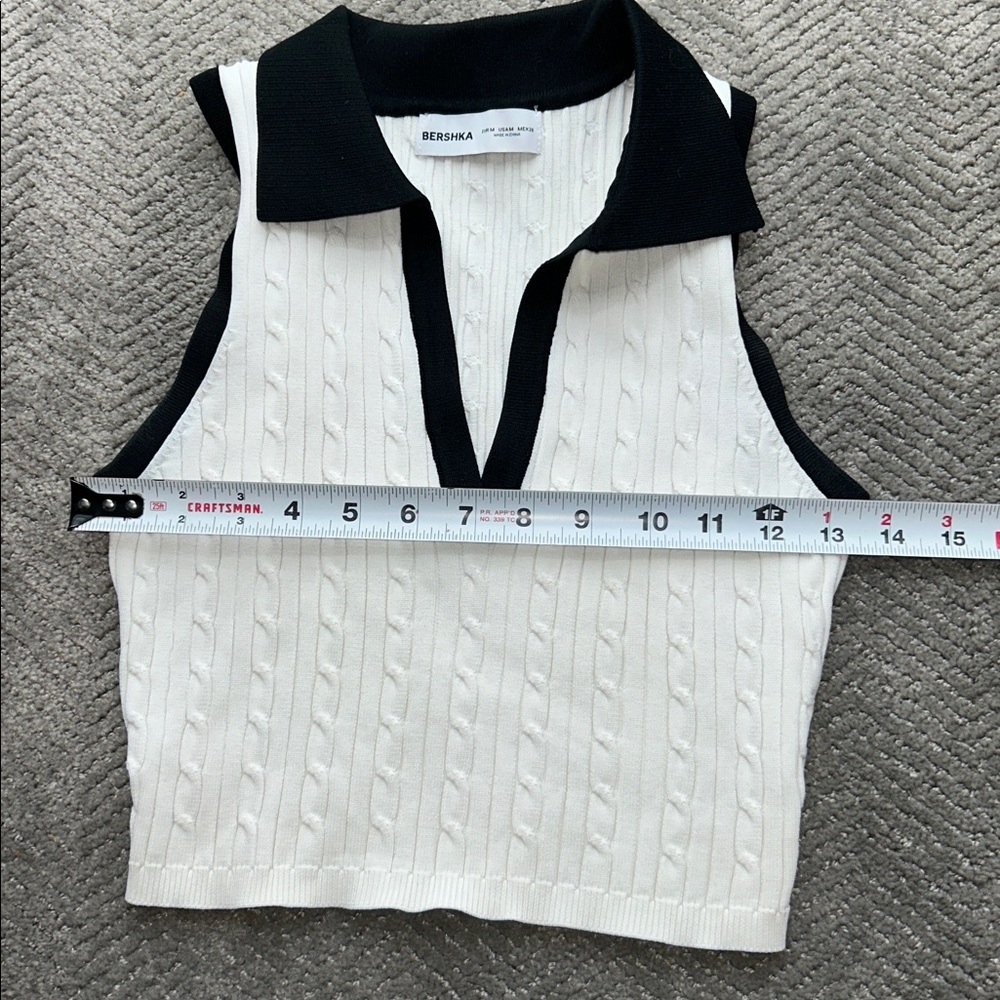 Bershka Cream Cable Knit Sleeveless Polo Top Contrast Collar Preppy Size M - Picture 6 of 7
